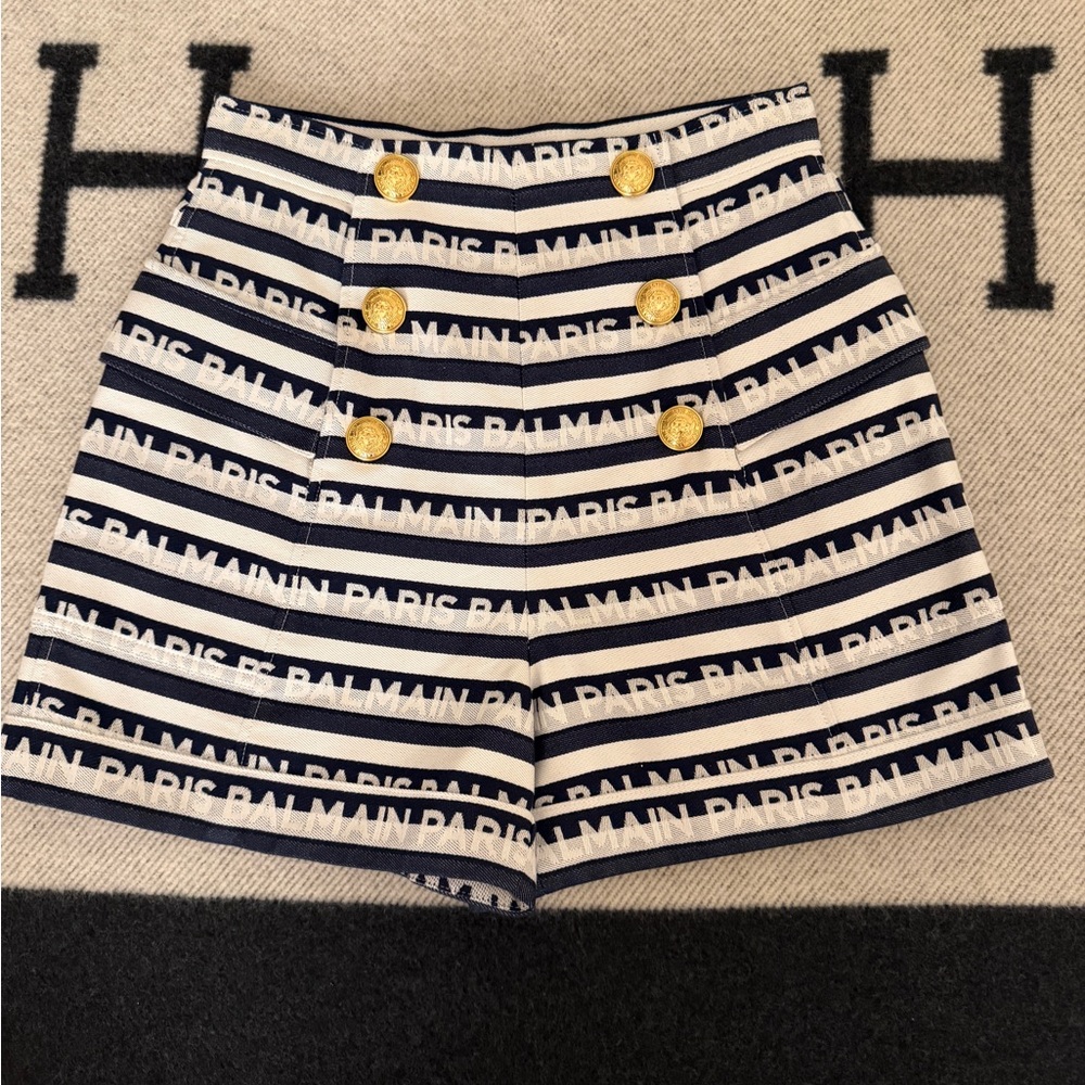 Balmain White and Navy Shorts with Gold Buttons